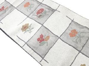 ふくれ織格子に草花模様織出し名古屋帯